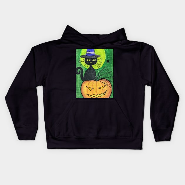 Black cat in purple witch hat on Jack o lantern gouache painting Kids Hoodie by Starlight Tales